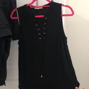 Front tie high neck black top